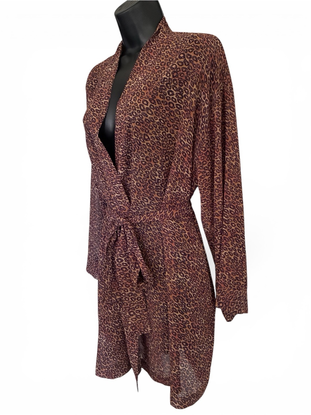 Vintage 90s 2000s Victorias Secret Leopard Print Short Robe Brown Sz OS - Picture 3 of 7
